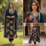 Black maslin floral print suit with matching bottom and dupatta