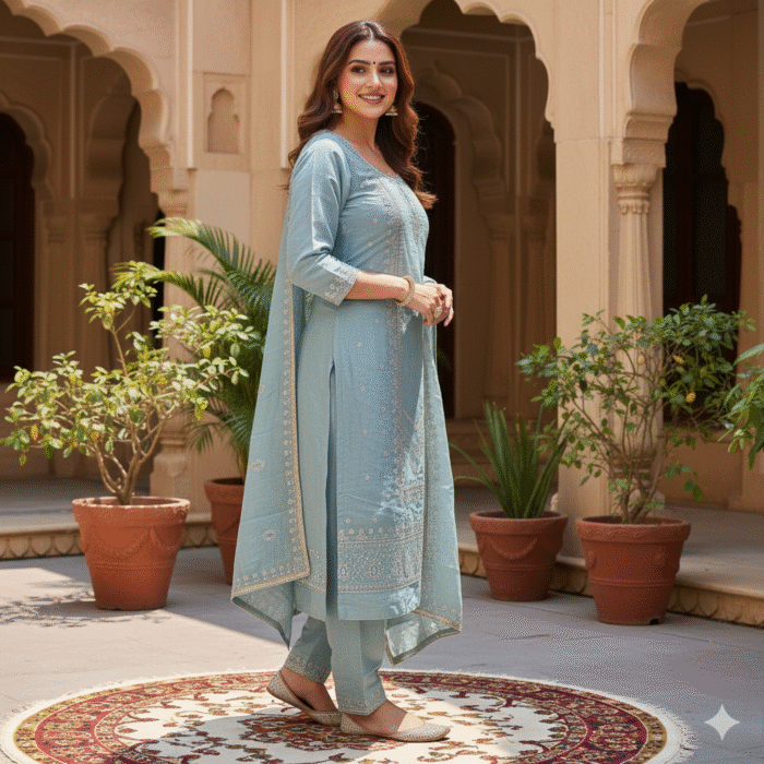 Gold Crush – Sea Blue Embroidered Suit Set - Image 2