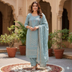 Sea blue gold crush embroidered unstitched suit set with golden detailing