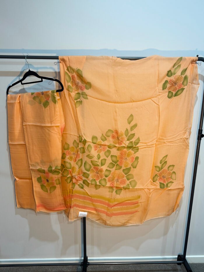 Apricot peach viscose organza handblock printed suit fabric with floral green and orange design by Punjabi Threads Melbourne