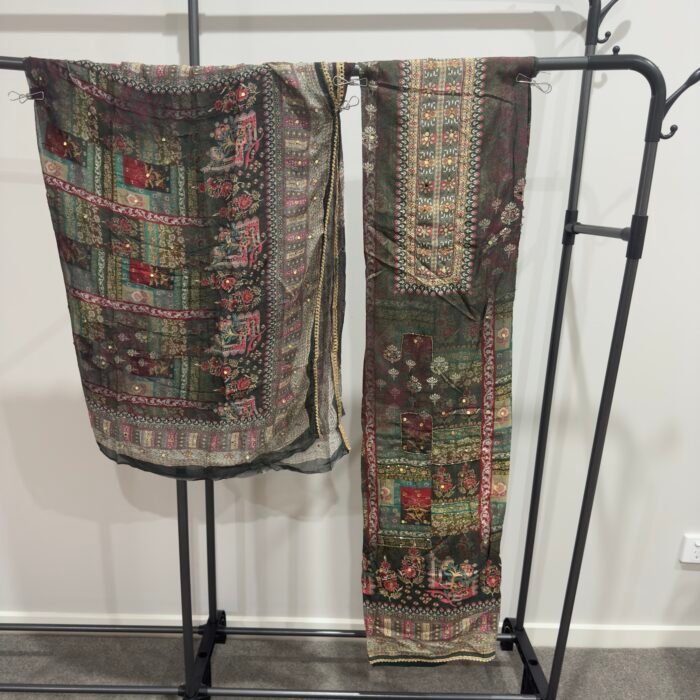 Multicolor shimmer maslin suit fabric with digital print and zari embroidery by Punjabi Threads Melbourne