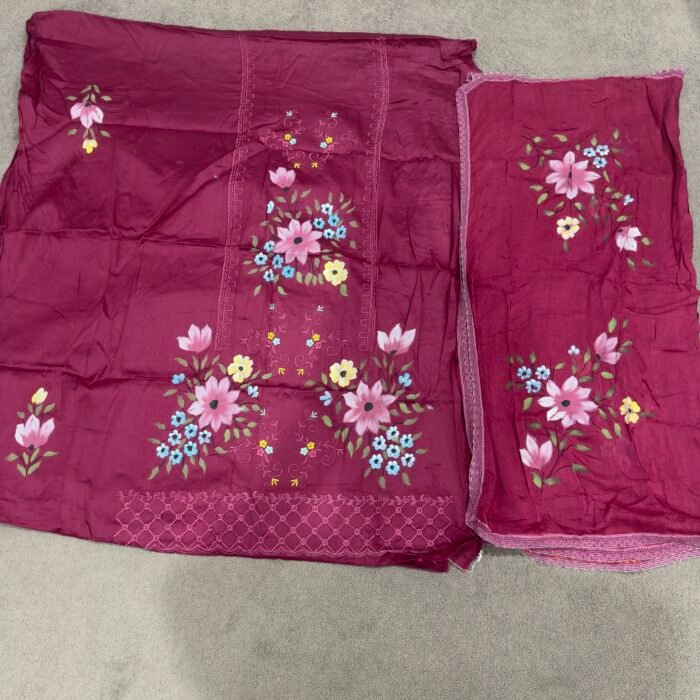 Magenta Jamm cotton suit fabric with multicolor floral prints by Punjabi Threads Melbourne