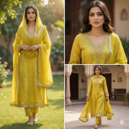 Lemon yellow maslin shirt with rayon bottom and matching dupatta