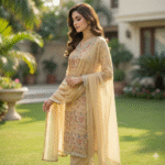 Beige floral printed maslin shirt with rayon bottom and dupatta