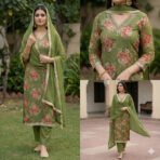 Olive green maslin floral print suit with matching bottom