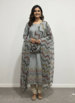 Grey maslin shimmer suit fabric with multicolor chevron embroidery by Punjabi Threads Melbourne