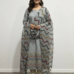 Grey maslin shimmer suit fabric with multicolor chevron embroidery by Punjabi Threads Melbourne