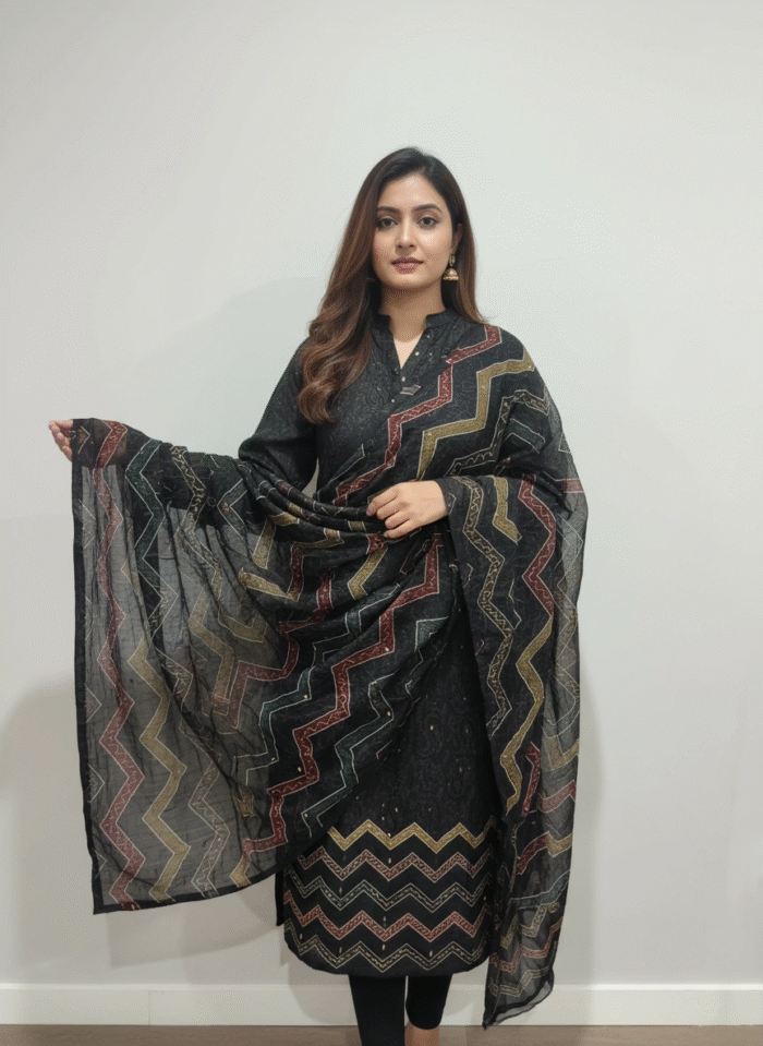 Black maslin shimmer Punjabi suit fabric with gold and maroon chevron embroidery by Punjabi Threads Melbourne