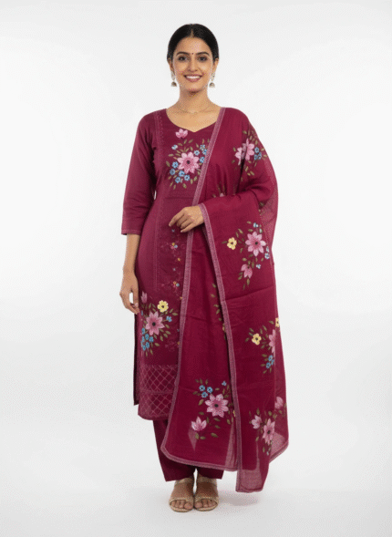 Magenta Jamm cotton suit fabric with multicolor floral prints by Punjabi Threads Melbourne
