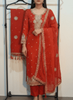 Crimson red Burberry shimmer Punjabi suit set with golden embroidery by Punjabi Threads Melbourne