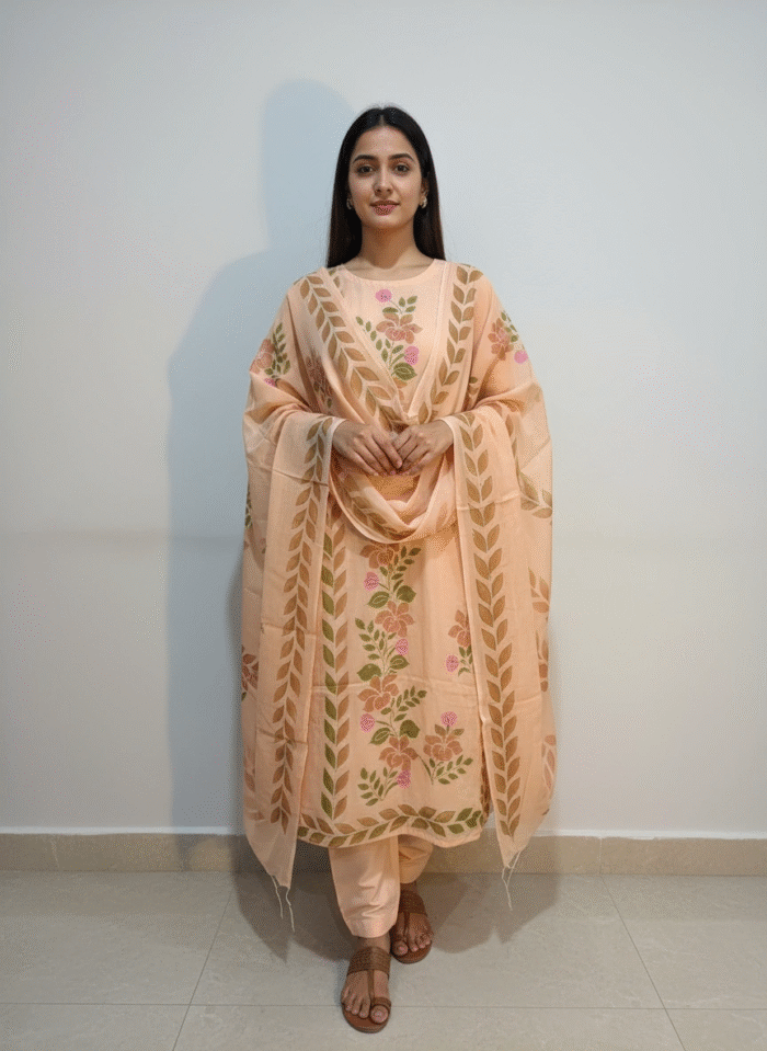 Peach viscose organza handblock printed suit fabric set with floral border by Punjabi Threads Melbourne