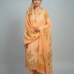 Apricot peach viscose organza handblock printed suit fabric with floral green and orange design by Punjabi Threads Melbourne