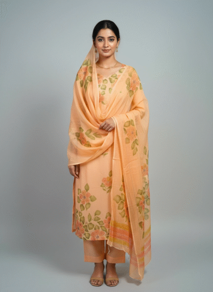 Apricot peach viscose organza handblock printed suit fabric with floral green and orange design by Punjabi Threads Melbourne