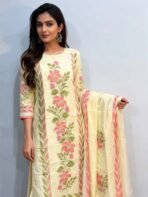 Cream viscose organza handblock printed suit fabric set with floral border design by Punjabi Threads Melbourne