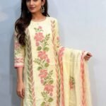 Cream viscose organza handblock printed suit fabric set with floral border design by Punjabi Threads Melbourne