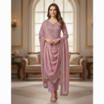 Rose pink Fendi silk suit with Swarovski embroidery from Punjabi Threads