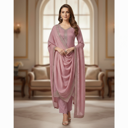Rose pink Fendi silk suit with Swarovski embroidery from Punjabi Threads