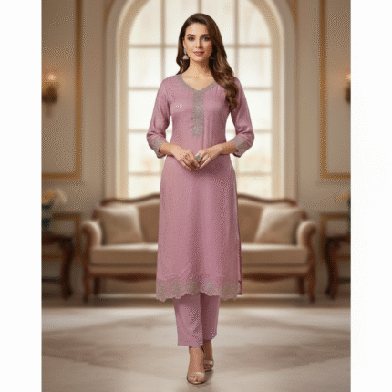 Rose pink Fendi silk suit with Swarovski embroidery from Punjabi Threads