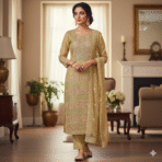 Golden chiffon suit fabric with pink floral embroidery by Punjabi Threads Melbourne