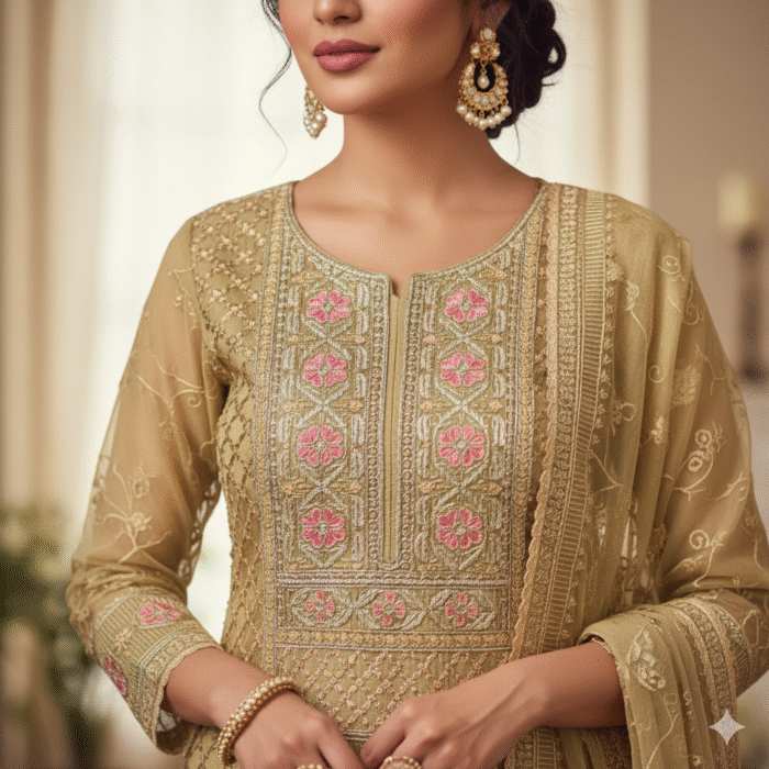 Golden chiffon suit fabric with pink floral embroidery by Punjabi Threads Melbourne