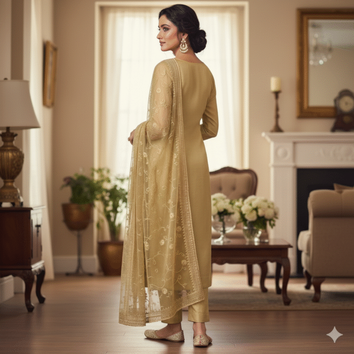 Chiffon – Golden Pink Embroidered Suit Set | Punjabi Threads – Suits & Stitches - Image 2