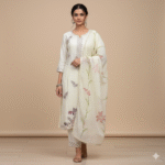 Cream cotton muslin Banarasi suit with multicolour embroidery and floral printed dupatta