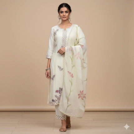 Cream cotton muslin Banarasi suit with multicolour embroidery and floral printed dupatta