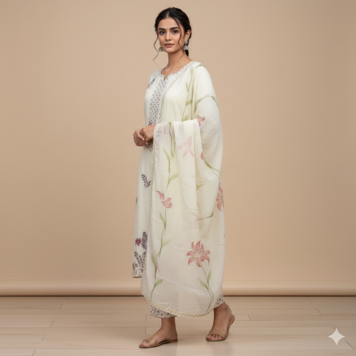 Cream cotton muslin Banarasi suit with multicolour embroidery and floral printed dupatta