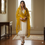 White crushed shimmer suit with Swarovski crystal embroidery and mustard dupatta from Punjabi Threads