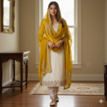 White crushed shimmer suit with Swarovski crystal embroidery and mustard dupatta from Punjabi Threads