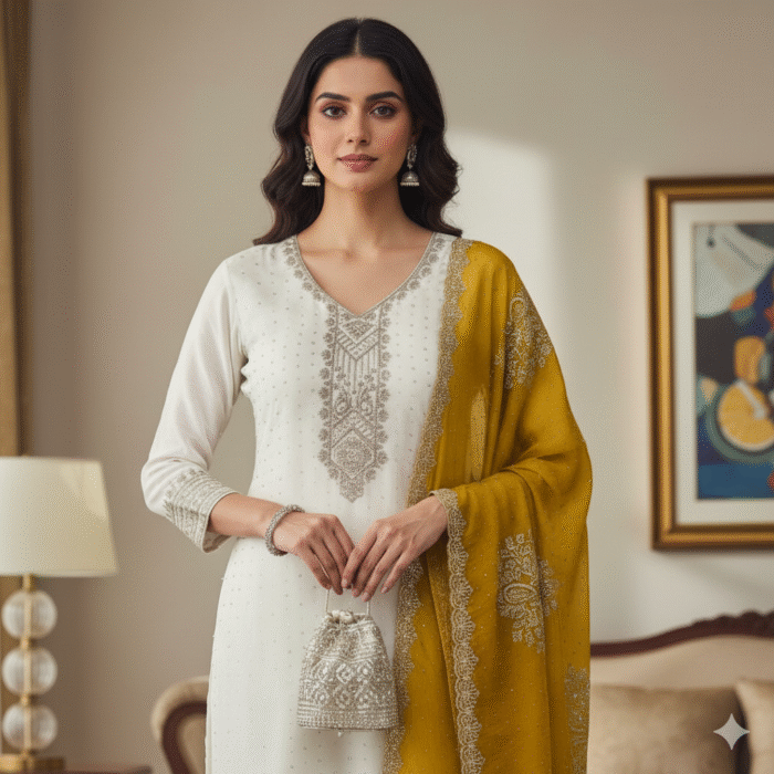 Crush Swarovski – White & Mustard Luxury Embroidered Suit Set | Punjabi Threads – Suits & Stitches - Image 2