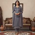 Smokey grey Fendi Silk suit with Swarovski work and scallop border