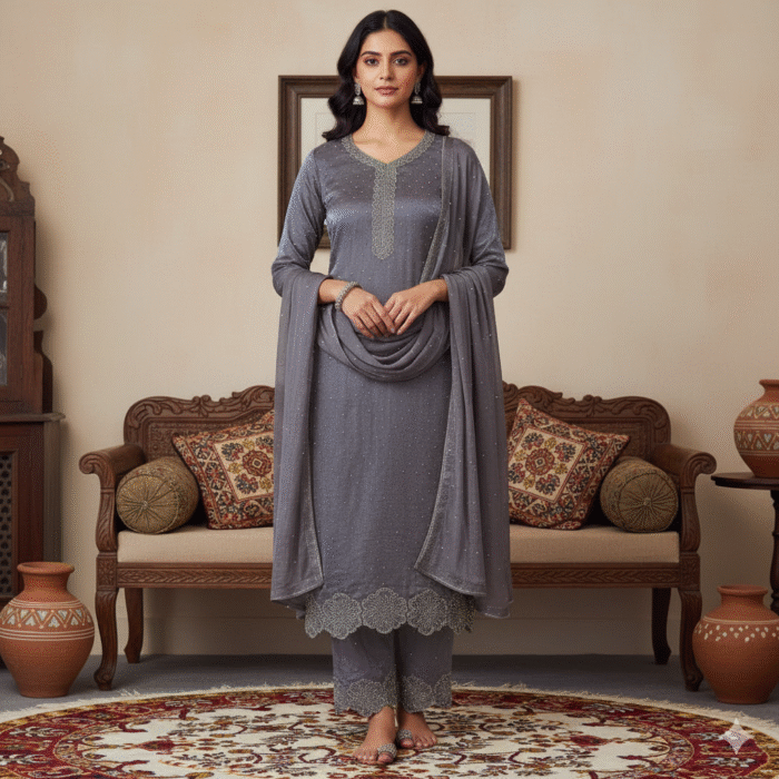 Smokey grey Fendi Silk suit with Swarovski work and scallop border