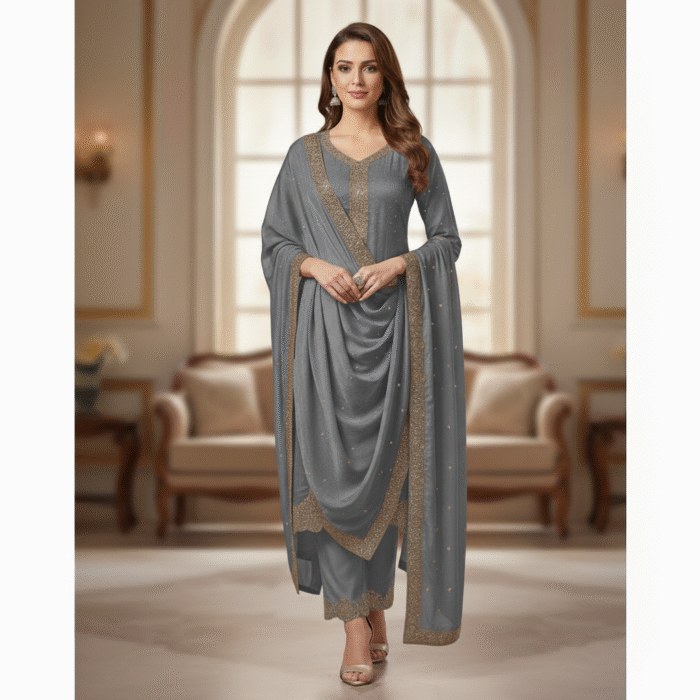 Steel grey Fendi Silk suit with Swarovski embroidery and designer border