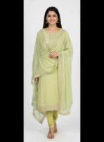 Pistachio green georgette self print suit fabric with zari embroidery by Punjabi Threads Melbourne