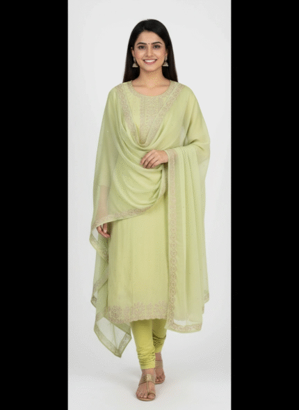 Pistachio green georgette self print suit fabric with zari embroidery by Punjabi Threads Melbourne