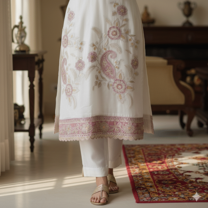 Gold Crush – White & Rani Pink Embroidered Suit Set | Punjabi Threads – Suits & Stitches - Image 4