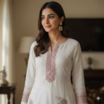 White gold crush shimmer suit with rani pink dupatta and paisley embroidery