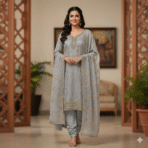 Silver shimmer embroidered suit fabric with gold zari work from Punjabi Threads