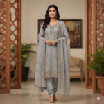 Silver shimmer embroidered suit fabric with gold zari work from Punjabi Threads