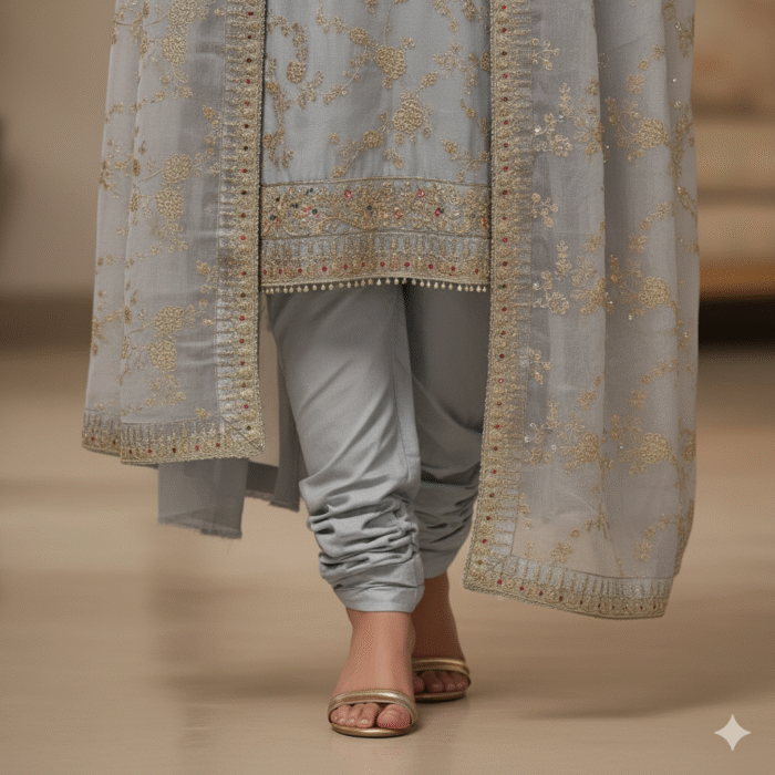 Silver shimmer embroidered suit fabric with gold zari work from Punjabi Threads