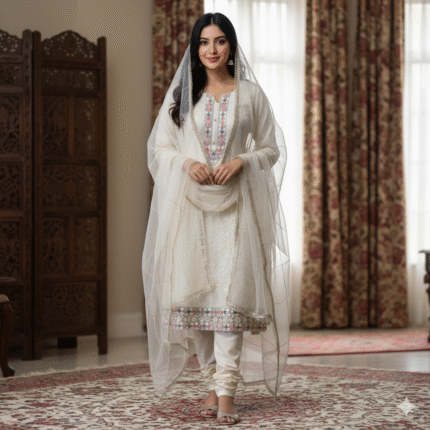 Cream self-shimmer suit with multicolor embroidery and printed dupatta from Punjabi Threads