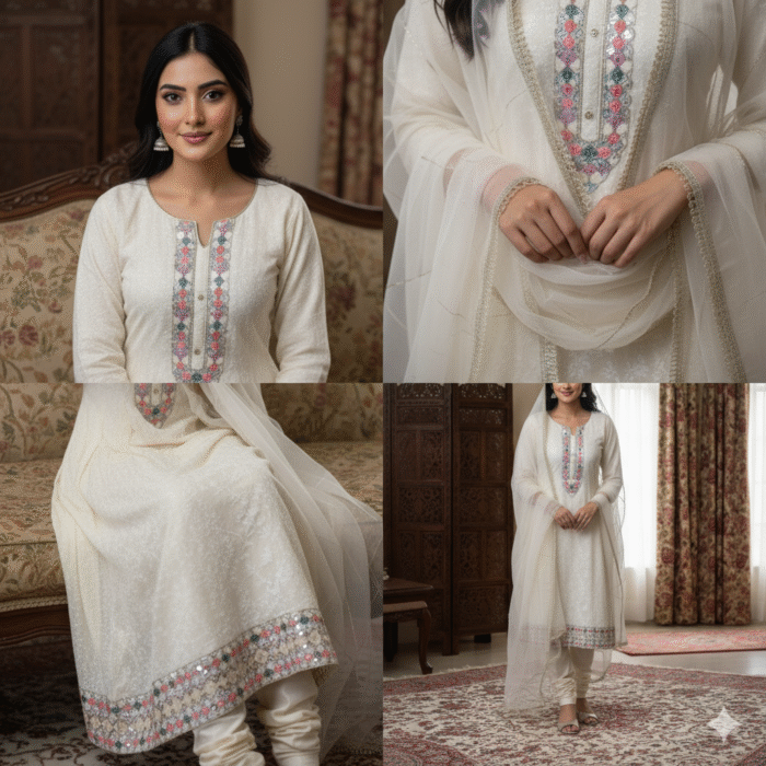 Cream self-shimmer suit with multicolor embroidery and printed dupatta from Punjabi Threads