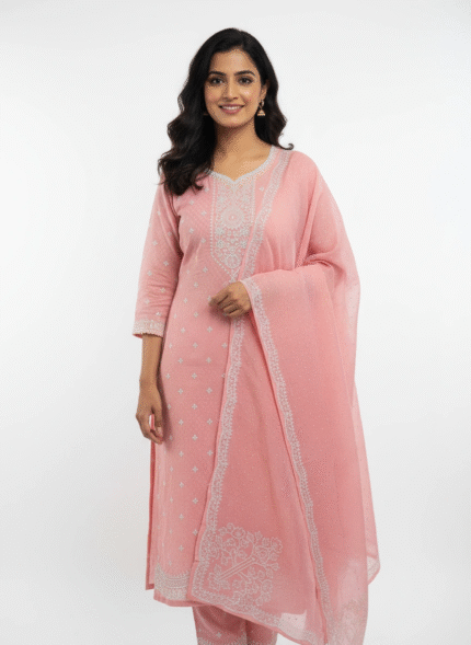 Peach pink self shimmer georgette suit fabric with zari embroidery by Punjabi Threads Melbourne