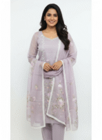 Lavender viscose organza suit with pink floral embroidery and lace border by Punjabi Threads Melbourne