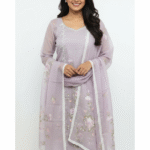 Lavender viscose organza suit with pink floral embroidery and lace border by Punjabi Threads Melbourne
