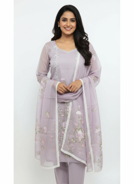 Lavender viscose organza suit with pink floral embroidery and lace border by Punjabi Threads Melbourne