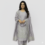 Lavender shimmer embroidered suit set with silver thread work