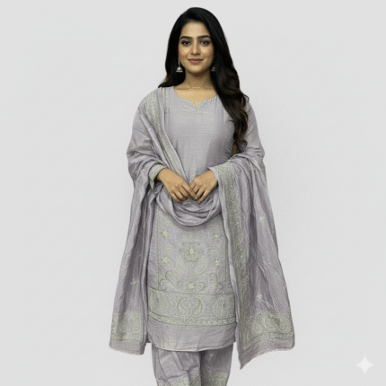 Lavender shimmer embroidered suit set with silver thread work