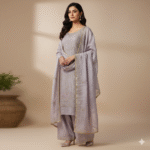 Lavender pure shimmer suit with embroidered work and matching dupatta